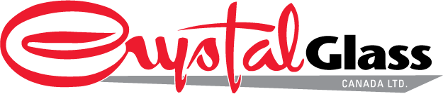 Logo for Crystal Glass Canada Ltd. The word Crystal is written in red script, and Glass is in bold black letters. Canada Ltd. appears in white text on a small gray rectangle below Glass.