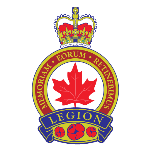 The Royal Canadian Legion emblem featuring a red maple leaf, a crown, and the Latin motto Memoriam Eorum Retinebimus with a blue banner reading Legion and red poppies at the bottom.