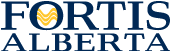 FortisAlberta logo with the word FORTIS in large blue letters above ALBERTA in smaller blue letters. The O in FORTIS contains a yellow wave-like design.