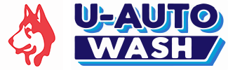 A red husky dog head logo next to bold blue text reading U-AUTO WASH with a shadow effect.