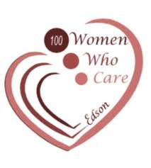 Logo of 100 Women Who Care Edson featuring three maroon dots and stylized heart-shaped lines in shades of pink and maroon, with the group’s name written inside the heart shape.