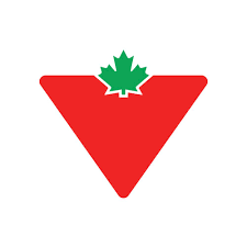 A red downward-pointing triangle with a green maple leaf at the top center, set against a white background.